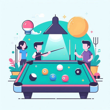 Young people play billiards. Vector illustration in flat style.のイラスト素材