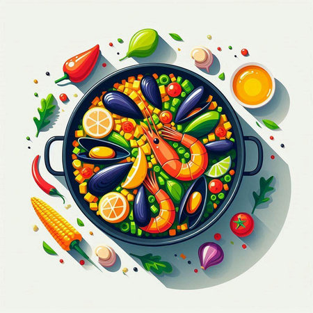 Seafood paella in a frying pan. Vector illustration.のイラスト素材