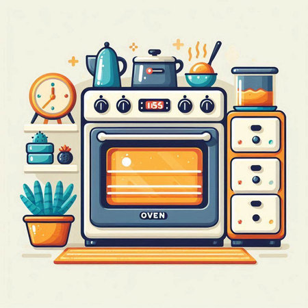 Kitchen stove vector illustration in flat style. Kitchen appliances and kitchen equipment.のイラスト素材