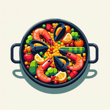 Seafood soup in a frying pan, flat vector illustration.のイラスト素材