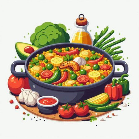 Vegetable paella vector illustration. Vegetarian food concept.のイラスト素材