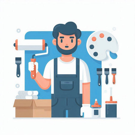 Repairman with paint roller and brush. Vector illustration in flat styleのイラスト素材