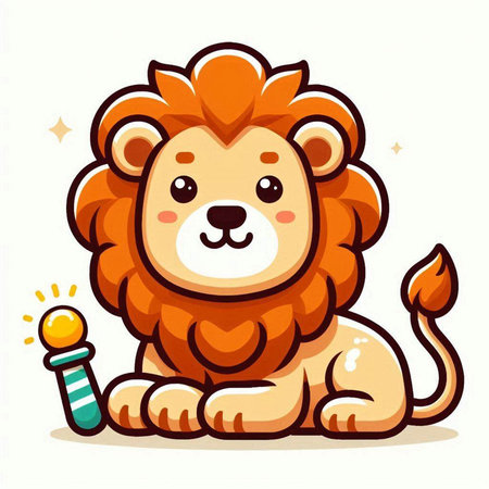 Cute cartoon lion sitting and playing with a stick. Vector illustration.のイラスト素材