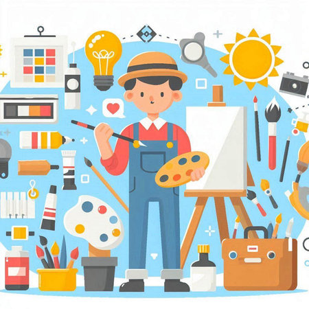 Painter at work. Flat design style vector illustration. Art and creativity concept.のイラスト素材