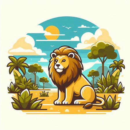 Lion in the jungle. Vector illustration in flat cartoon style.のイラスト素材