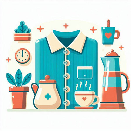 Coffee shop flat vector illustration. T-shirt, coffee pot, kettle, coffee cup and plant in pot.のイラスト素材