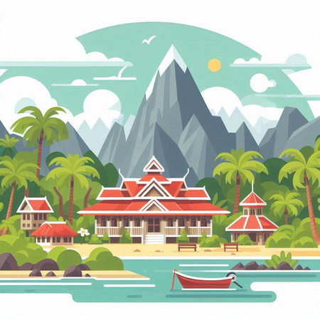 Vector illustration of tropical island with bungalows, palm trees, sea and mountains.のイラスト素材