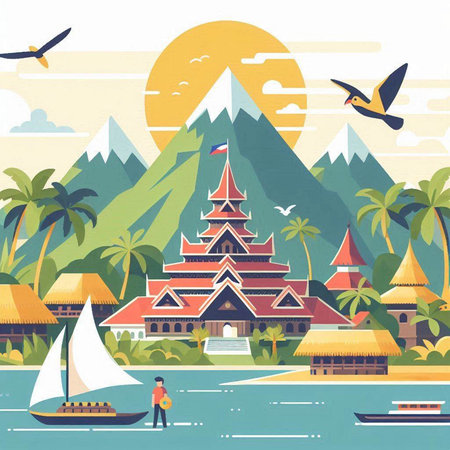 Buddhist temple on the island. Vector illustration in flat styleのイラスト素材