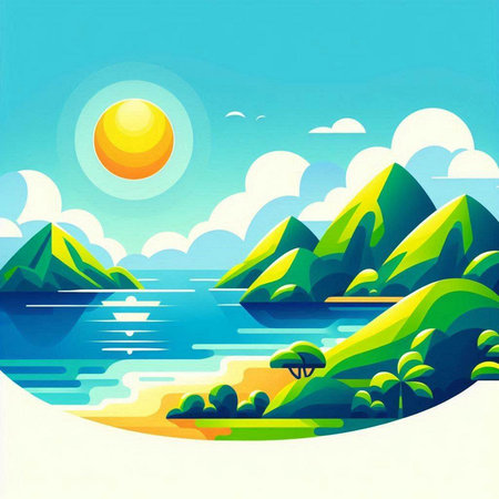 landscape with mountains, sea, sky and sun. vector illustrationのイラスト素材