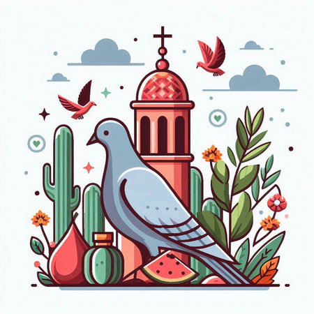 Vector illustration of a religious background with a dove and a church.のイラスト素材