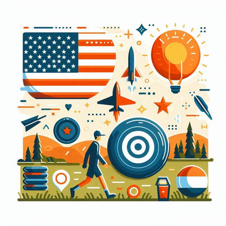 Vector flat illustration with rocket launch, target, globe, flag of United States of America.のイラスト素材