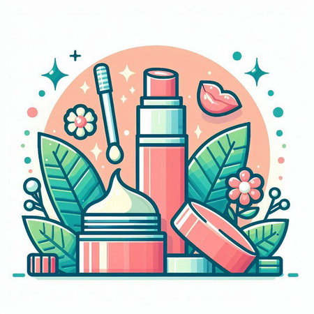 Cosmetic products and flowers. Vector illustration in flat linear style.のイラスト素材