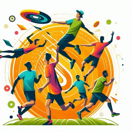 Vector illustration of a group of young people running in a circle.のイラスト素材