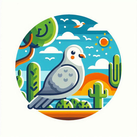 Vector illustration of seagull and cactuses in the desertのイラスト素材