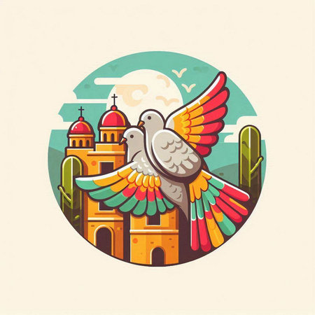 Pigeon in front of the church. Vector illustration in retro style.のイラスト素材
