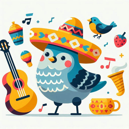 Cute bird in sombrero hat and sombrero with guitar. Vector illustration.のイラスト素材