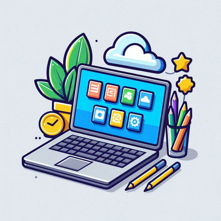 Cloud computing concept. Laptop with apps icons. Vector illustration.のイラスト素材