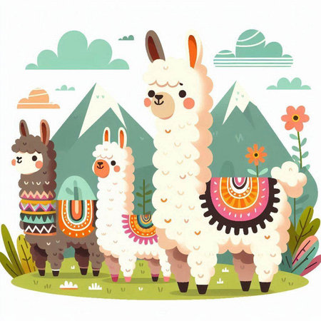 Llama and alpaca in the mountains. Vector illustrationのイラスト素材