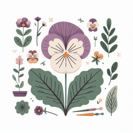 Set of spring flowers and leaves. Vector illustration in flat style.のイラスト素材