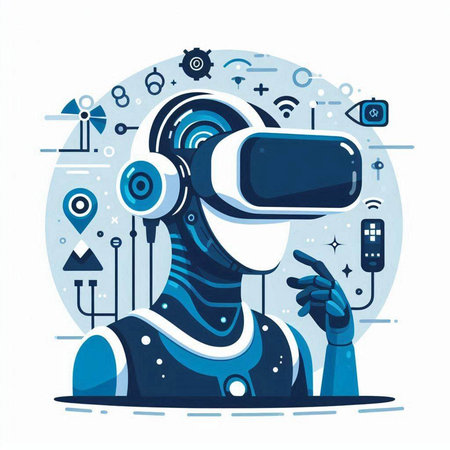 Robot wearing virtual reality goggles. Future technology concept. Vector illustrationのイラスト素材