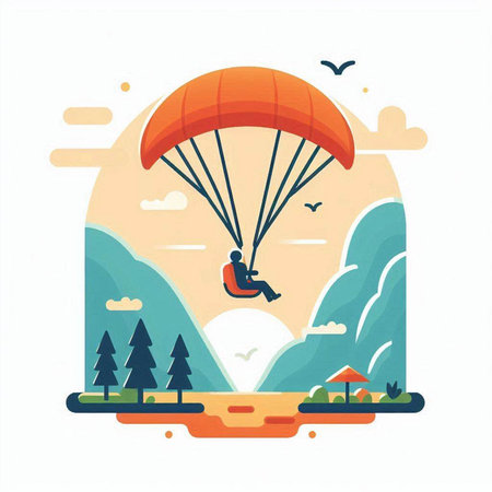 Parachutist flying over the mountains. Flat vector illustration.のイラスト素材