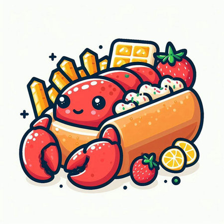 Cute kawaii vector illustration of a hot dog with fries and vegetables.のイラスト素材