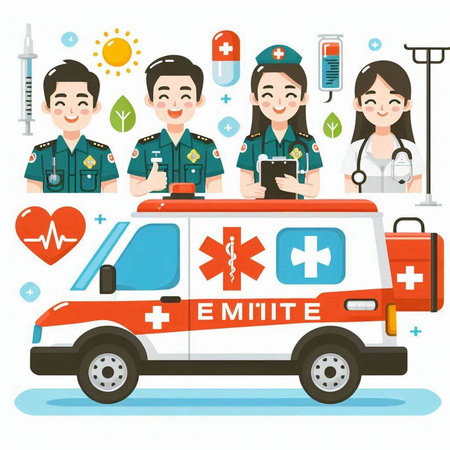 Medical staff and ambulance. Vector illustration of a medical staff and ambulance.のイラスト素材