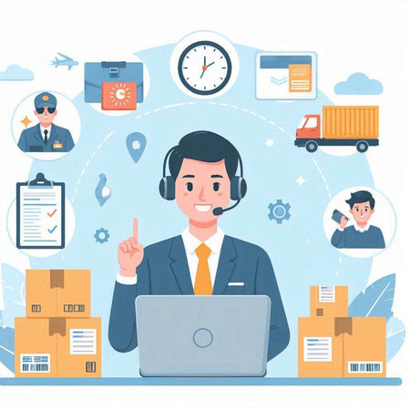 Online delivery service. Man in headset with laptop and boxes. Vector illustrationのイラスト素材
