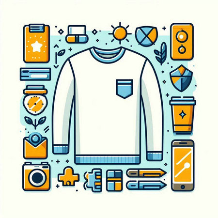 Vector line art hipster style illustration of a sweater, smartphone, camera, coffee cup and other things.のイラスト素材