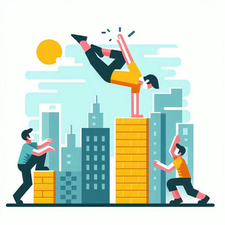 Business people jumping from building to skyscraper. Flat vector illustration.のイラスト素材