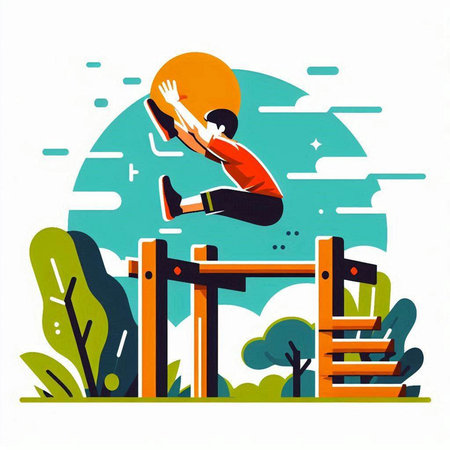 Boy jumping over obstacle in the park. Vector illustration in flat style.のイラスト素材