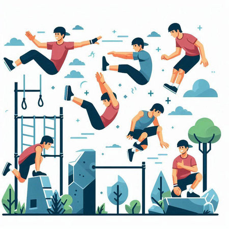 Vector illustration of people doing different sports in the park. Flat style.のイラスト素材