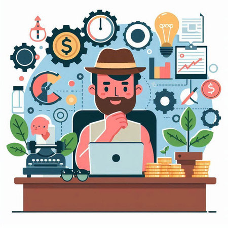 Businessman working on laptop in office. Vector illustration in flat styleのイラスト素材