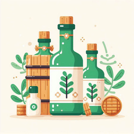 Wine bottle and barrel vector illustration in flat style. Winemaking concept.のイラスト素材