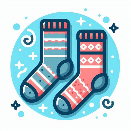 Vector illustration of Christmas socks on a blue background. Flat design.のイラスト素材