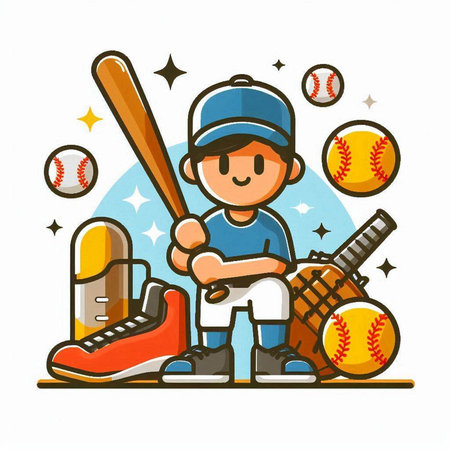 Baseball player with ball, bat and glove. Vector illustration.のイラスト素材