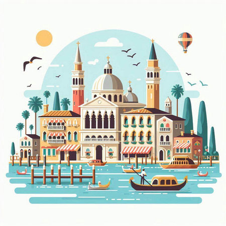 Venice, Italy. Vector illustration in flat design style. Travel and tourism.のイラスト素材