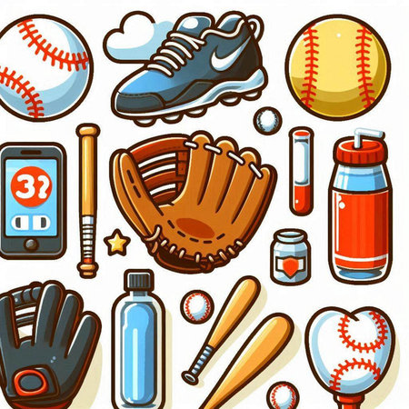 Baseball and baseball equipment icons set. Cartoon illustration of baseball and baseball equipment vector icons for web designのイラスト素材