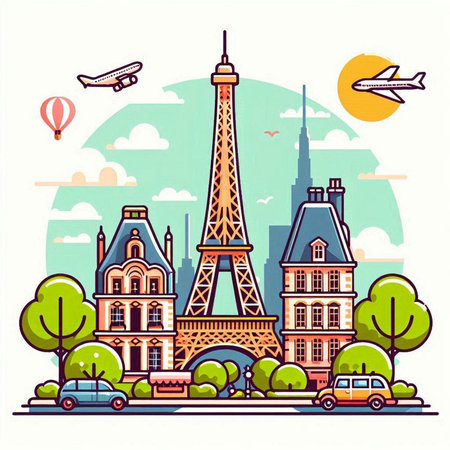 Paris, France. Eiffel tower, vector illustration in flat styleのイラスト素材