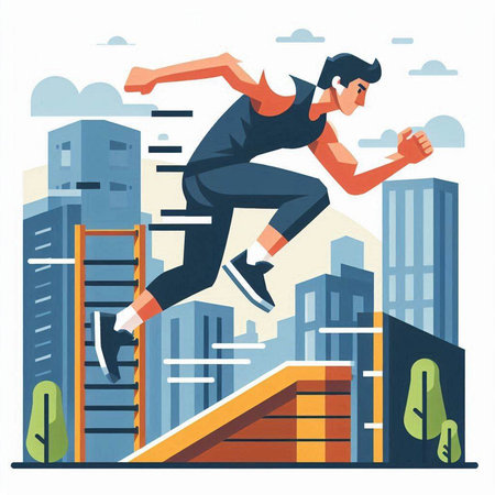 Young man jumping over obstacles in the city. Flat vector illustration.のイラスト素材