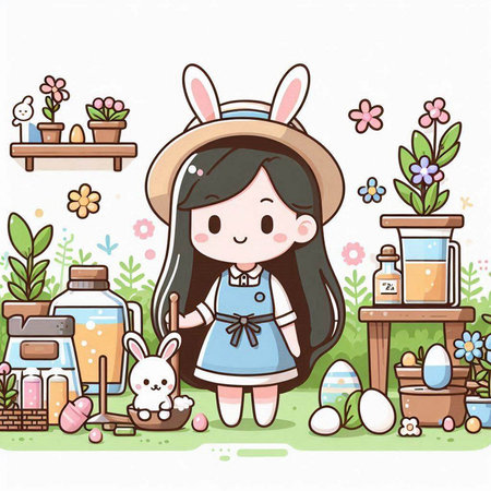 Easter bunny and girl in the garden. Vector illustration of cute cartoon.のイラスト素材