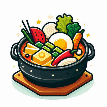 Sukiyaki hot pot with vegetables and eggs vector illustration.のイラスト素材