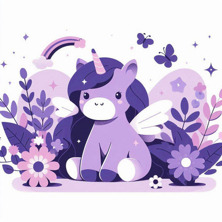 Cute unicorn with flowers and butterfly. Vector illustration in cartoon style.のイラスト素材