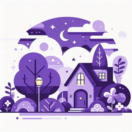 Vector illustration of a cute house on the background of the night skyのイラスト素材