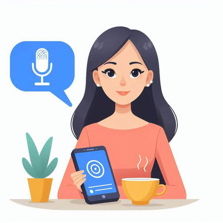 Woman with smartphone and voice assistant. Vector illustration in cartoon style.のイラスト素材