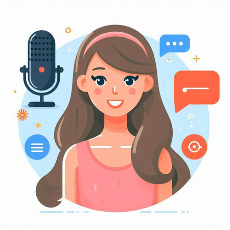 Woman with long hair in a flat style. Girl with a microphone. Vector illustration.のイラスト素材