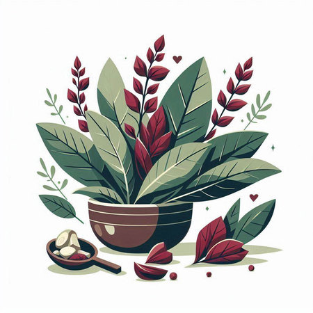 Illustration of herbs and spices in a mortar. Vector illustration.のイラスト素材