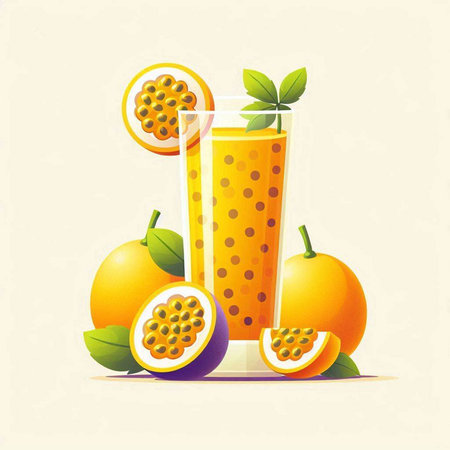 Vector illustration of a glass of passion fruit juice with fresh fruits.のイラスト素材