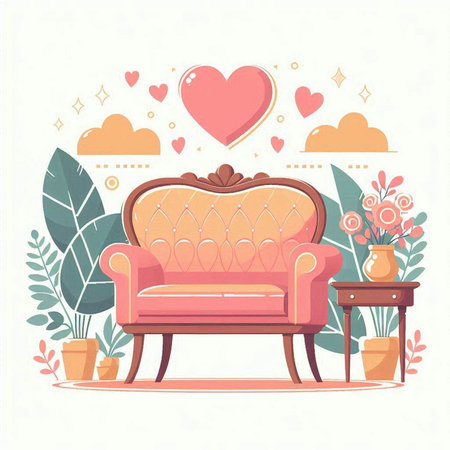 Luxury armchair with hearts. Vector illustration in flat styleのイラスト素材