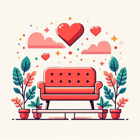 Flat style vector illustration of a cozy living room with a sofa, flowers and hearts.のイラスト素材